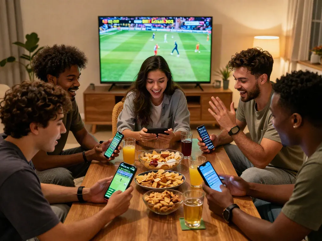 Friends engaging in cricket and football betting at Lotus365, enjoying snacks and live sports.