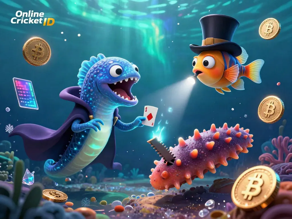 Experience Online Cricket ID with a unique casino-themed illustration featuring magical sea creatures and glowing crypto coins.