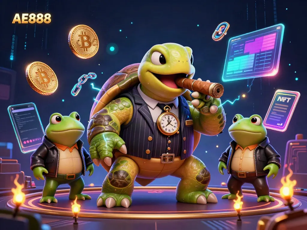 Engage with AE888’s vibrant casino scene featuring a snapping turtle in a mobster suit, surrounded by digital currency elements.