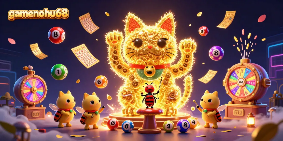 Experience the magic of gamenohu68 with animated golden fireflies and vibrant lottery elements.