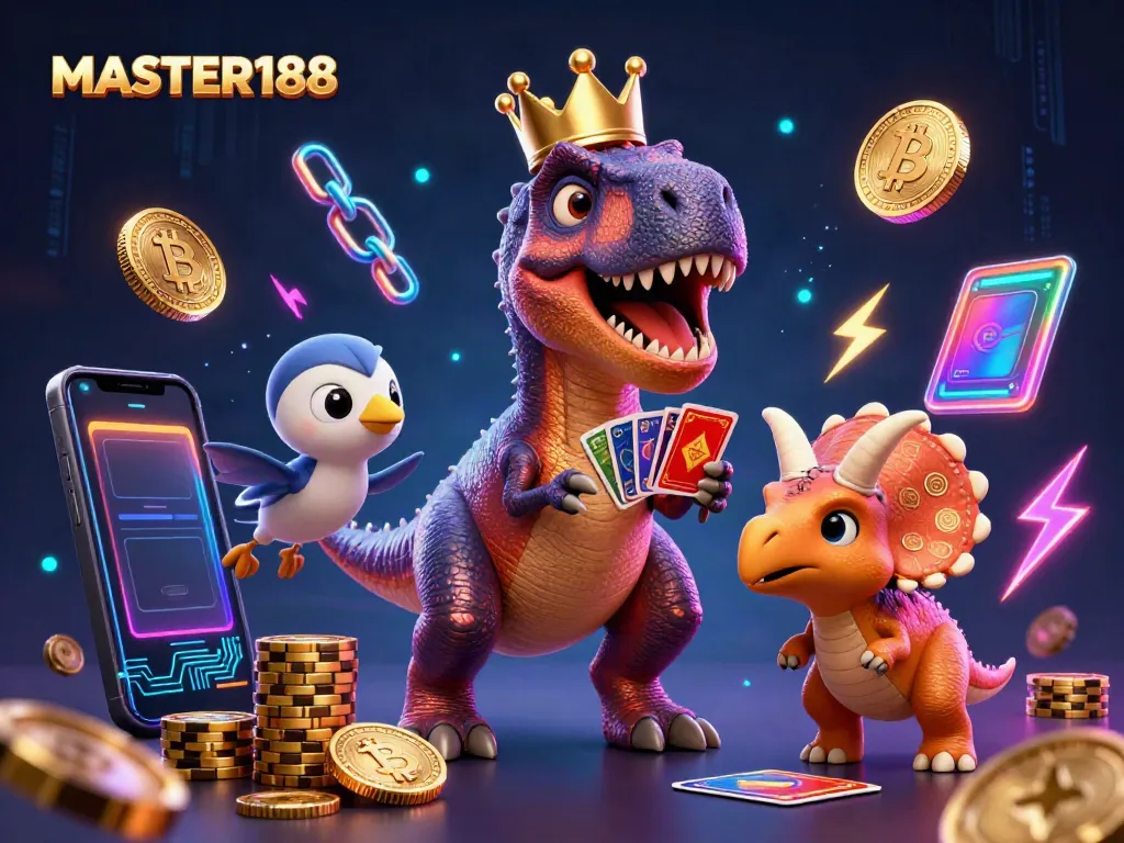 Master188 showcases an energetic T-Rex shuffling cards in a vibrant casino setting.