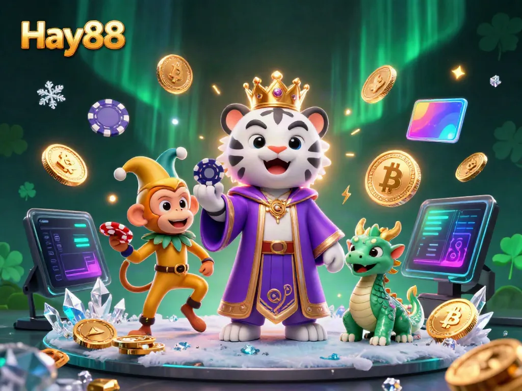 Experience the thrill of Hay88 with a dynamic casino scene featuring a regal white tiger, energetic monkey, and enchanting jade dragon.