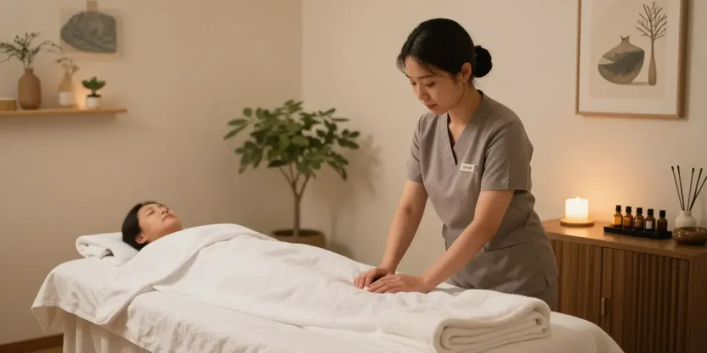 Relaxation scene with 노원출장마사지 therapist preparing a calming environment.