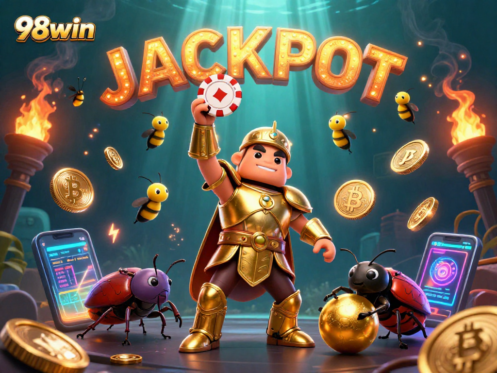 Experience 98win's exciting gameplay with a beetle duo celebrating a jackpot in vibrant colors.