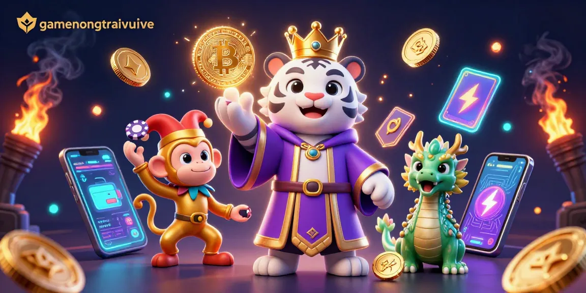 Engage with gamenongtraivuive in this vibrant 3D casino scene featuring a majestic tiger, playful monkey, and enchanting jade dragon.