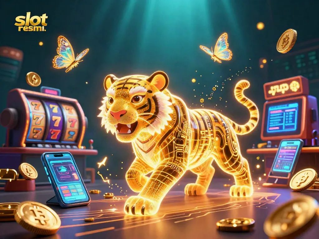 Experience excitement with slot resmi, featuring a glowing tiger amidst digital casino elements and crypto details.