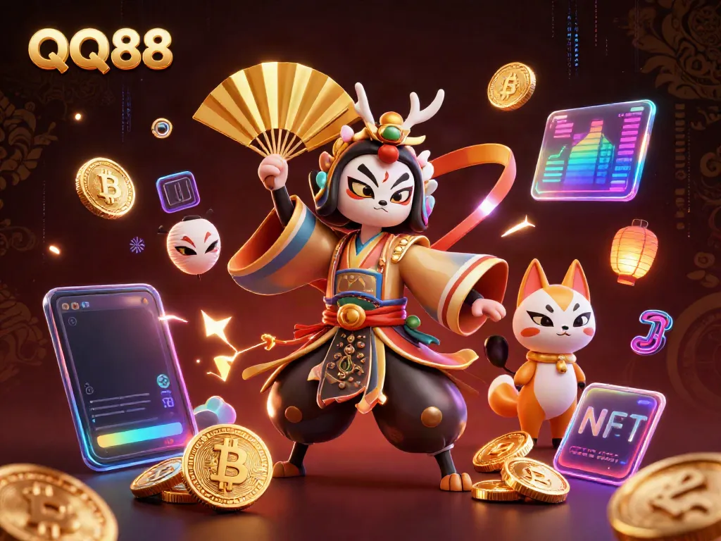 Experience the thrilling gaming world of QQ88 with vibrant characters and 3D crypto elements.