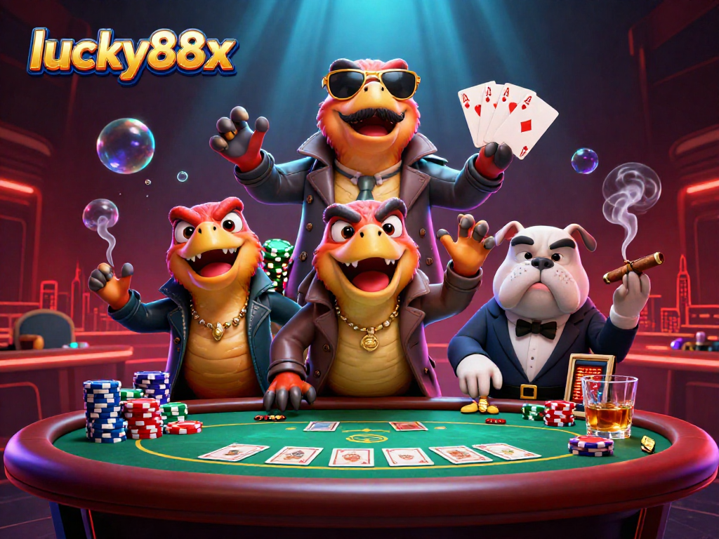 Three raptors in a trench coat ludicrously attempt to enter a high-class casino, showcasing lucky88x gaming symbols.