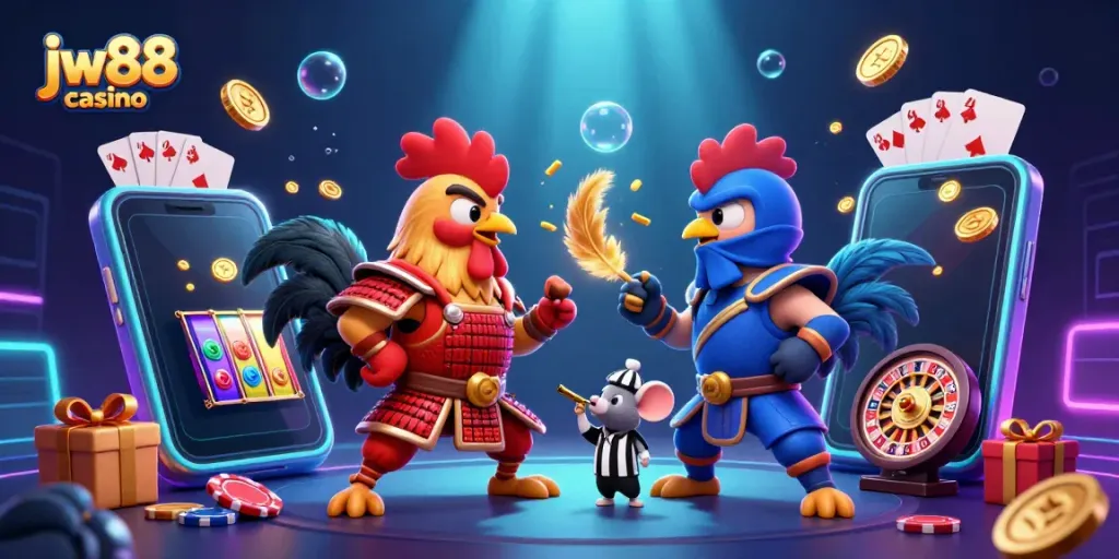 Engage in thrilling action at jw88 casino featuring dynamic fighting roosters amidst colorful casino elements.