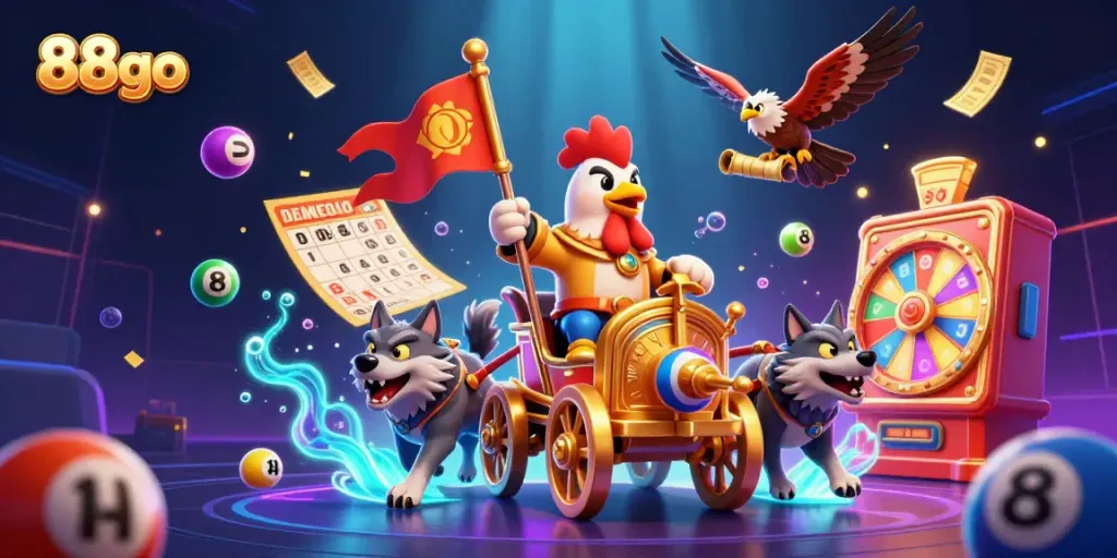 Experience the thrill of 88go with a vibrant casino-themed illustration featuring a rooster warlord and dynamic game elements.