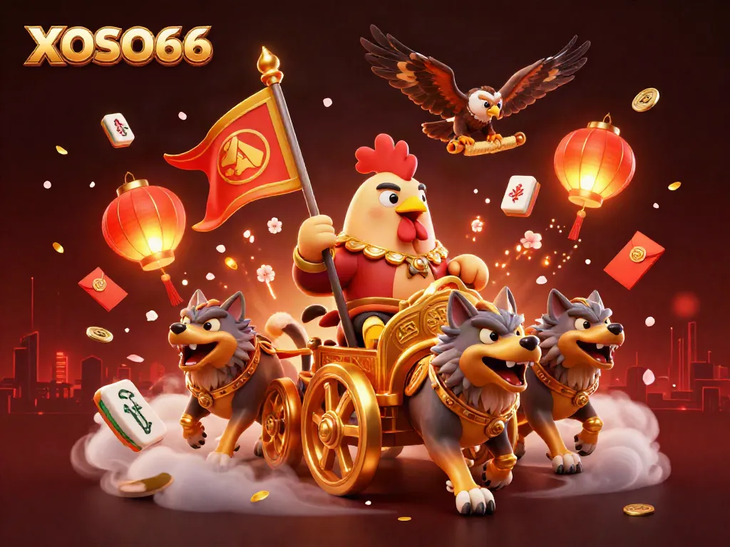 XOSO66 features a 3D rooster warlord in a golden chariot amidst festive gambling elements.