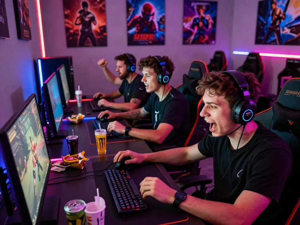 Người chơi f168 căng thẳng trong trận đấu game trực tuyến với ánh đèn RGB và thiết bị hiện đại.