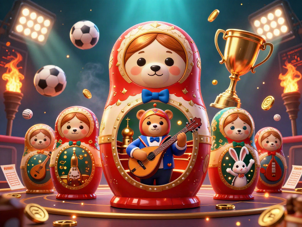 Engage with kubet's lively casino scene, featuring animated Matryoshka bears and sports elements.