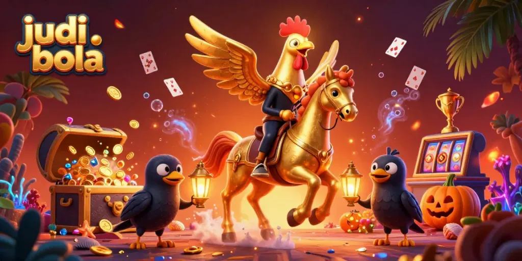 Experience thrilling judi bola action featuring a golden rooster in a vibrant casino setting.