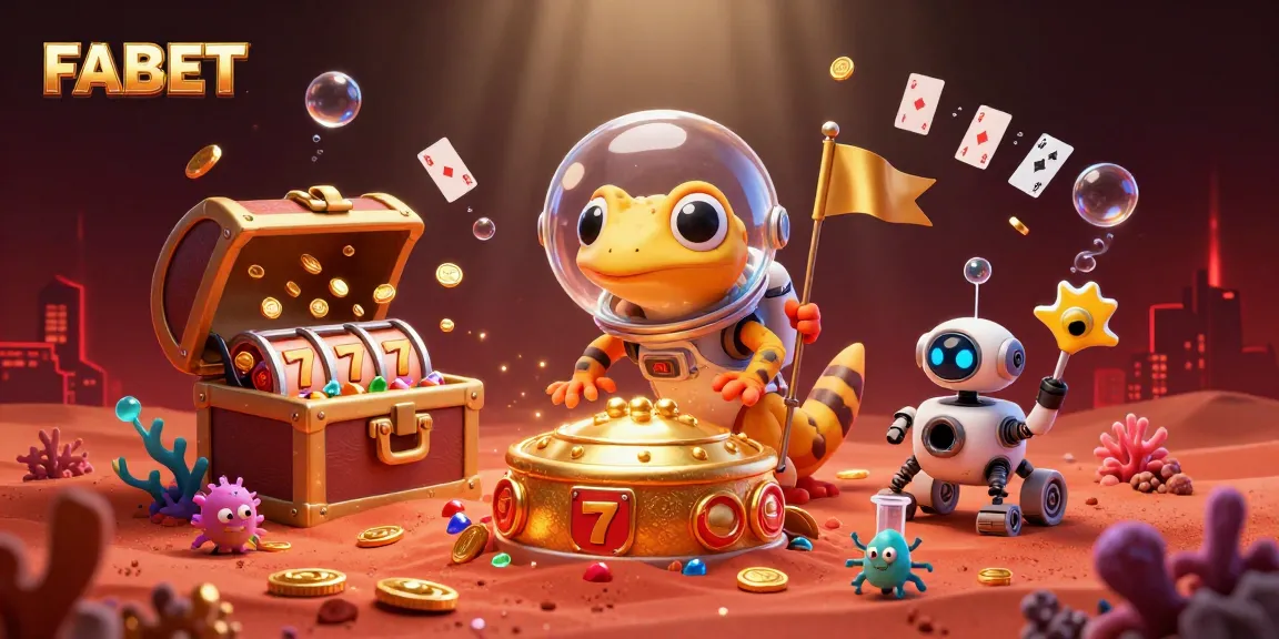 Engage in thrilling games at FABET's vibrant 3D casino scene with Martian characters and golden treasures.