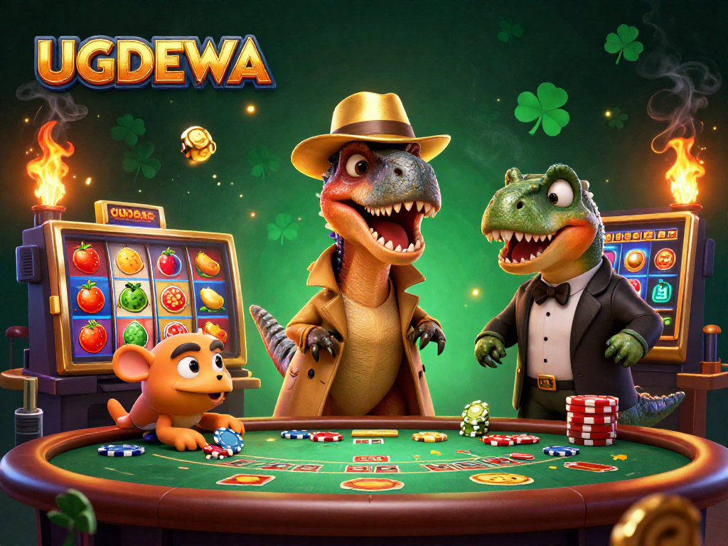 Experience high-stakes gaming with UGDEWA's cartoon velociraptor card counter amid vibrant casino action.