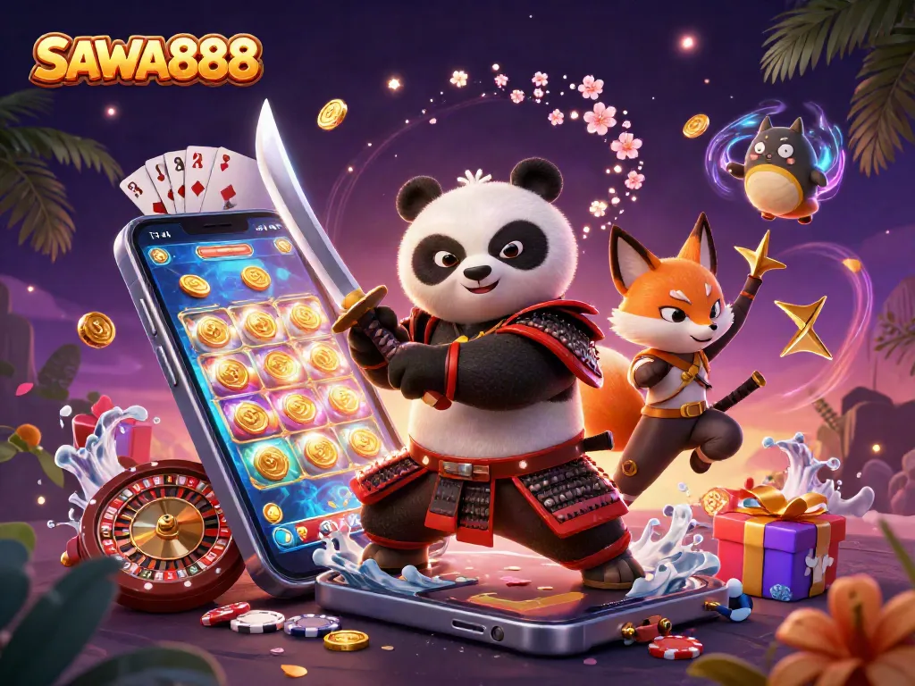 SAWA888 features a samurai panda and ninja fox amidst vibrant gaming elements for casino excitement.