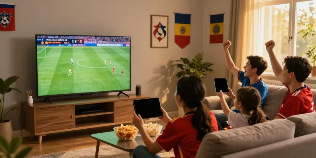 Football fan enjoying a live match at home, checking scores on https://rbtv.io/ with snacks.