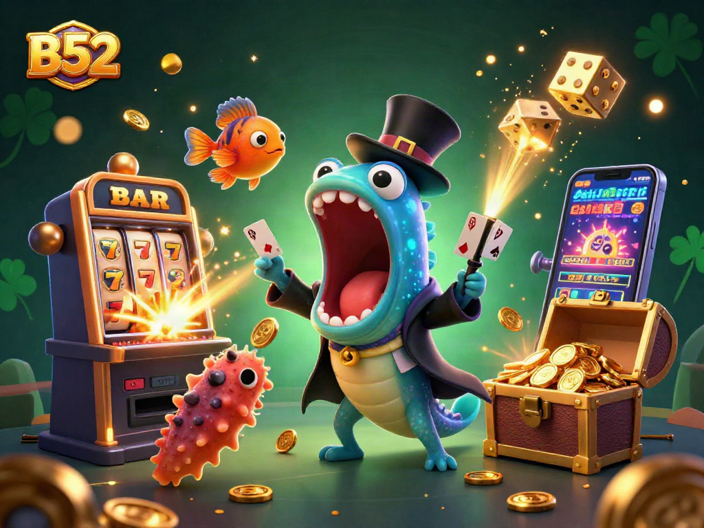 B52 casino-themed illustration showing deep-sea creatures engaging in magical card tricks amidst vibrant gambling elements.