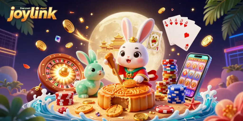 Engage with free credit no deposit joylink offers as a moon rabbit celebrates with casino games and treasures.