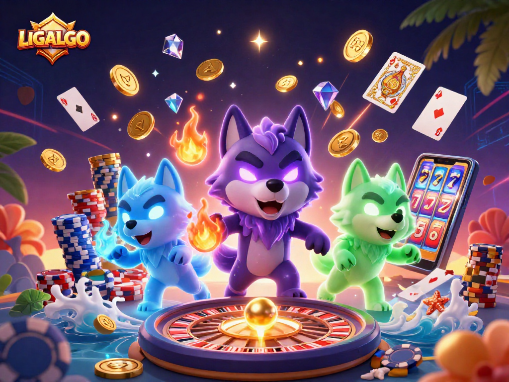 LIGALGO showcases an exciting casino scene with a shadow wolf leader and glowing companions among dazzling gambling elements.