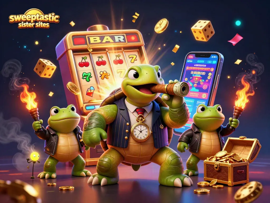 Sweeptastic sister sites showcase a vibrant casino scene featuring a turtle mobster and bullfrog enforcers