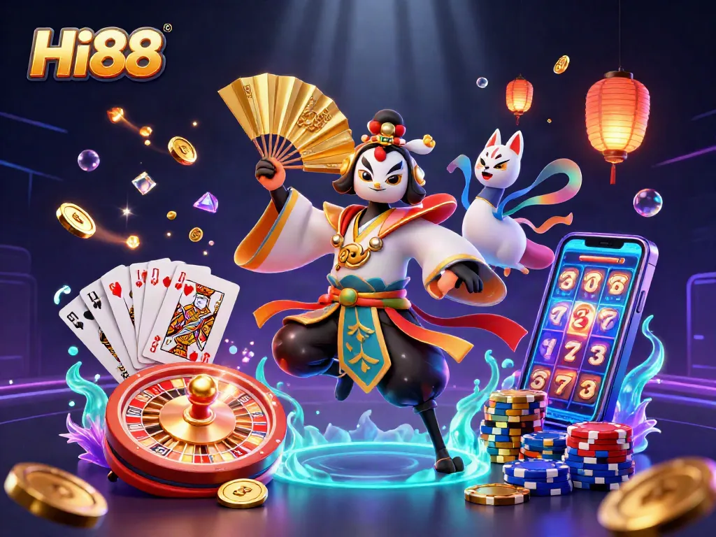 Engage with Hi88's thrilling casino experience featuring vibrant game elements and characters.