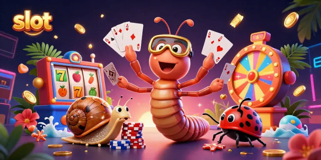 Engage in thrilling slot gameplay with a vibrant, cartoonish 3D scene showcasing a colorful casino atmosphere.