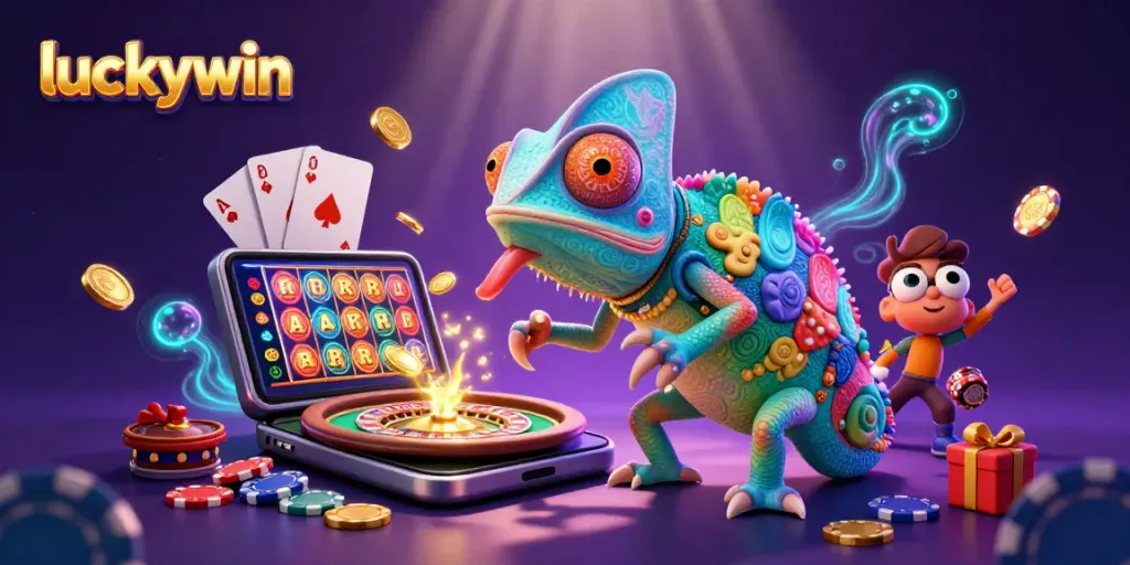 Join the excitement of luckywin with a vibrant 3D chameleon casino scene capturing thrilling gameplay.