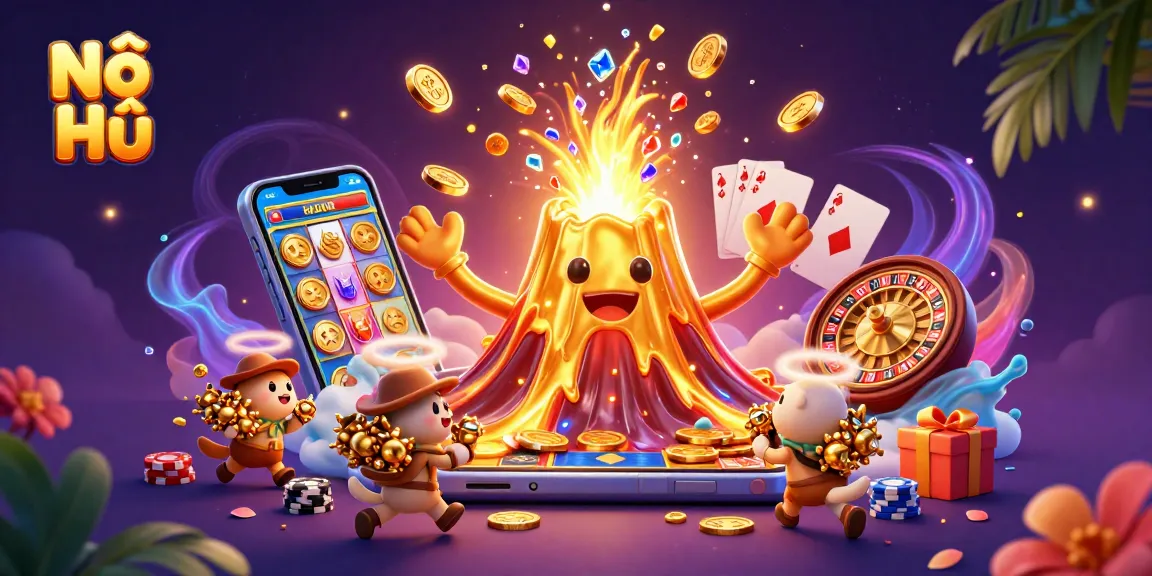 Nổ Hũ: Win big with dynamic casino scene featuring a golden volcano and treasures