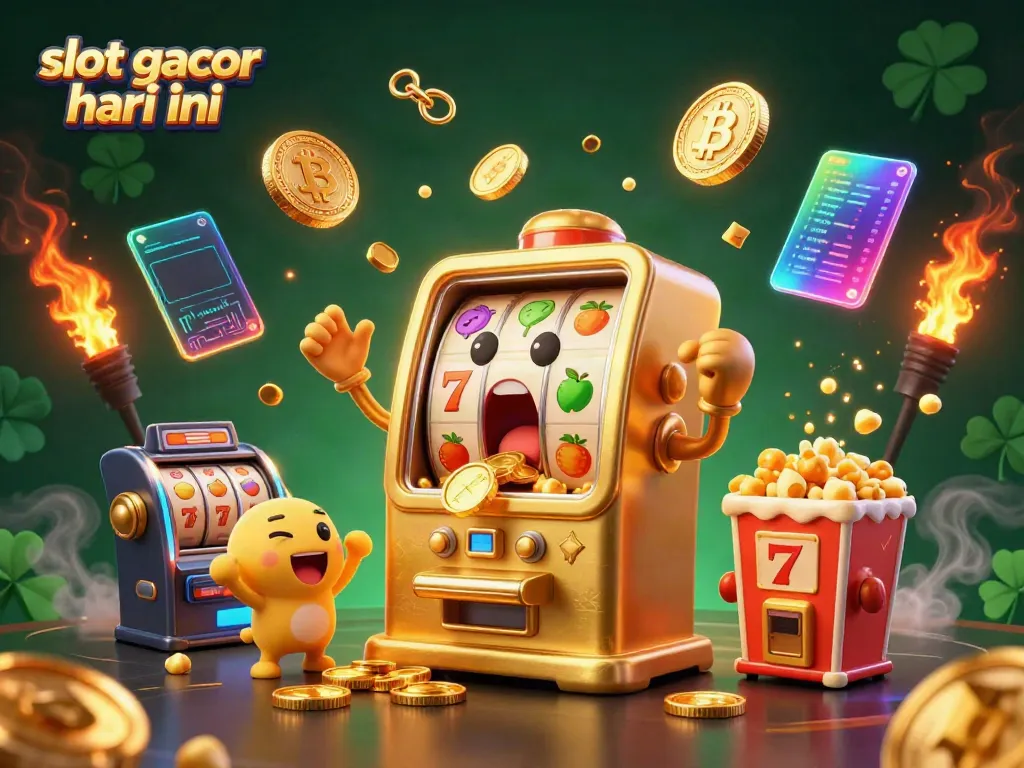 Slot gacor hari ini menampilkan mesin slot emas kecewa saat jackpot, dikelilingi simbol permainan kasino.
