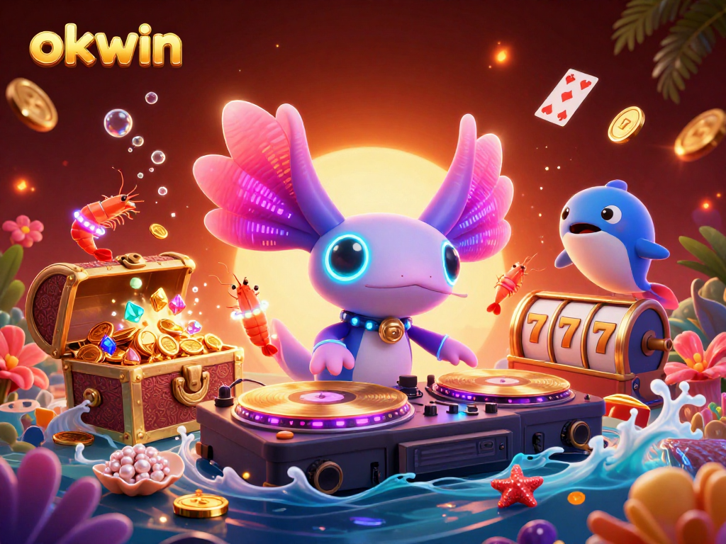 Engage with the vibrant world of okwin, featuring a neon axolotl DJ and animated sea creatures in a rich casino-inspired underwater scene.