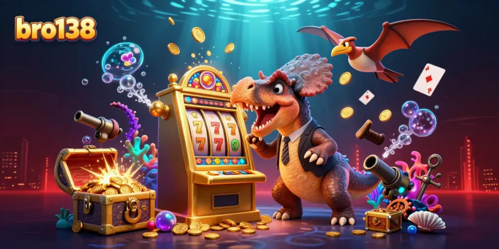 Win big with bro138 as a dinosaur hits the jackpot in a vibrant casino scene.