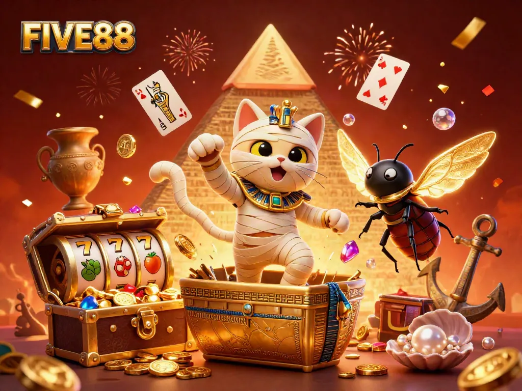 Engage with FIVE88's vibrant 3D casino scene showcasing a mummy cat and glowing scarab.