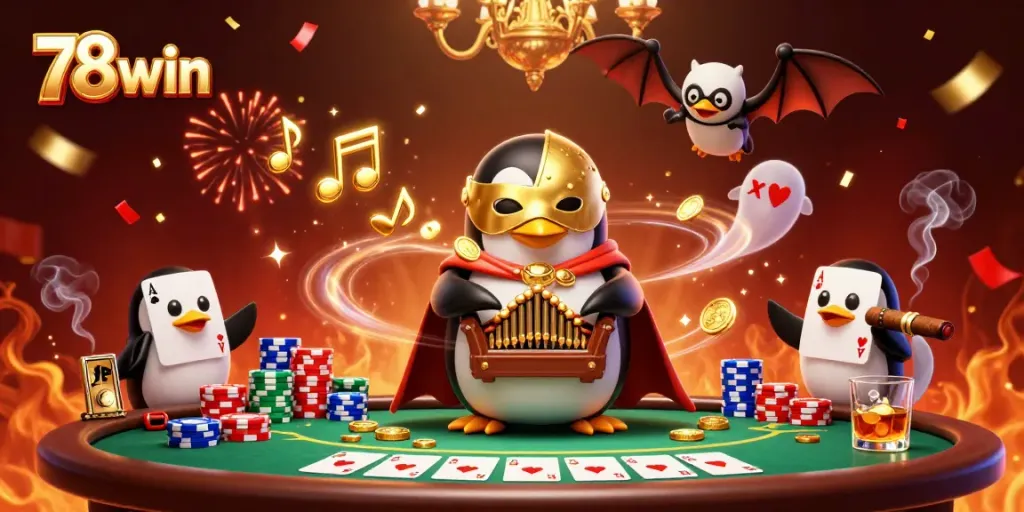 Engage with 78win's thrilling casino scene featuring a penguin playing an organ shooting coins and a bat acrobat.
