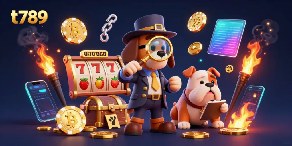 Engage in thrilling slot gameplay with t789 featuring a detective and bulldog examining clues amidst vibrant jackpot symbols.