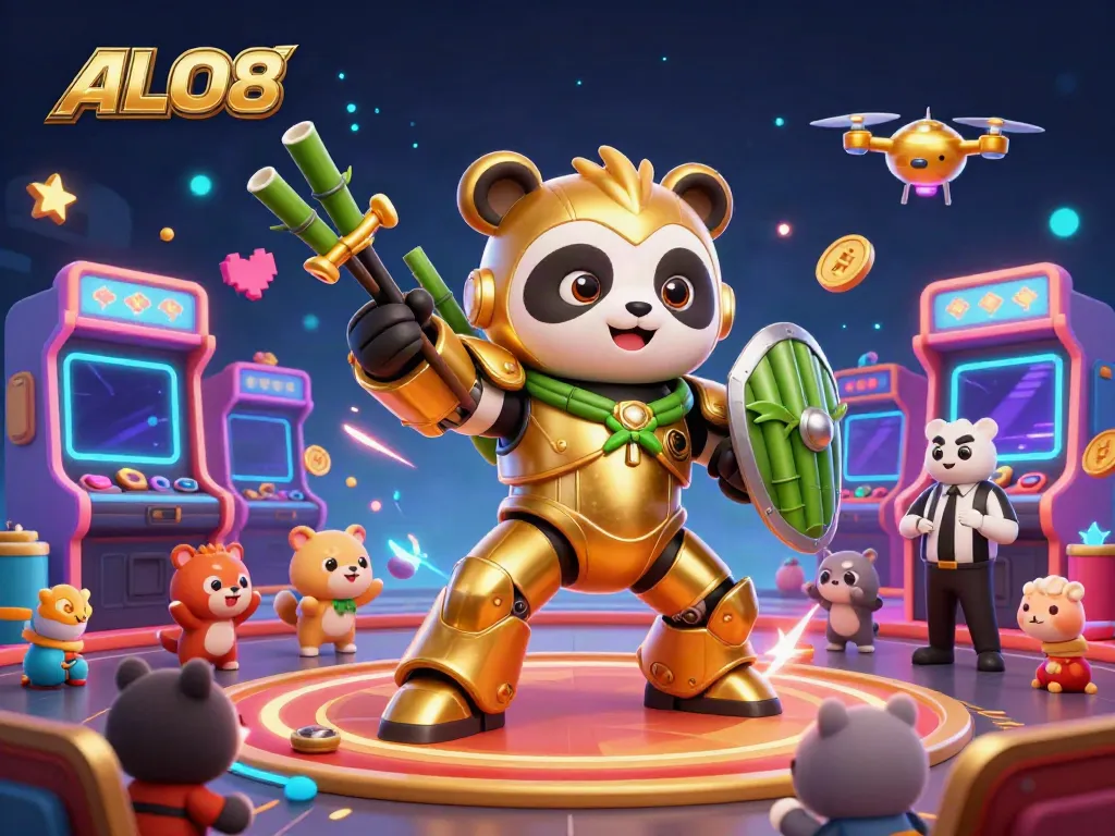 Engage with ALO8 in a vibrant animated scene showcasing a golden panda in a mech-suit surrounded by arcade elements.