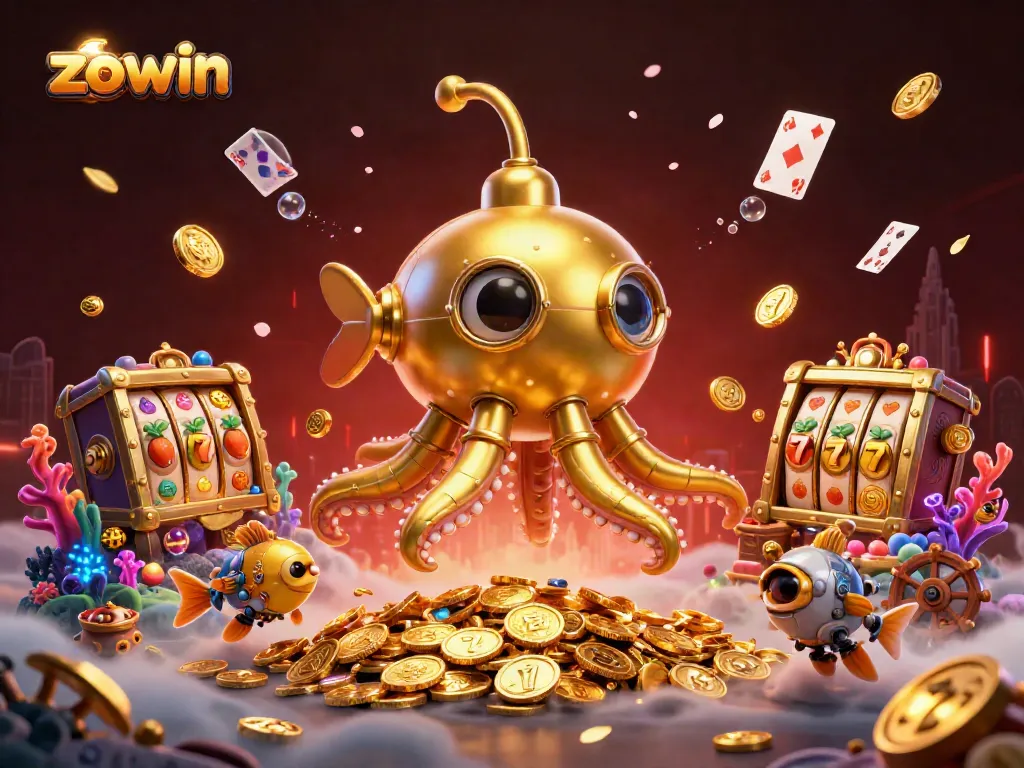 Zowin's vibrant slot game scene featuring a golden kraken submarine, treasure chests, and floating playing cards for an engaging gaming experience.