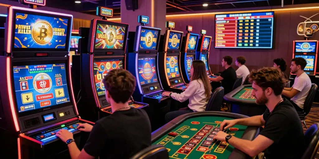 Exciting crypto casino gaming scene with diverse players and live dealer tables.