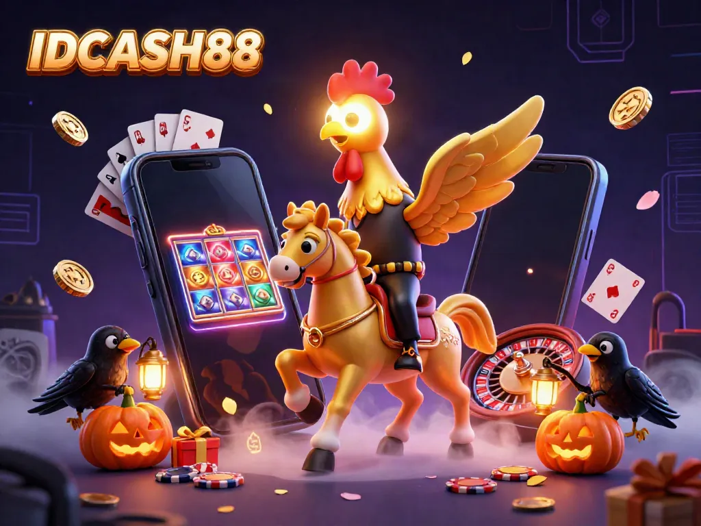 Experience the vibrant world of IDCASH88 with a golden rooster, spectral horse, and dynamic gaming action.