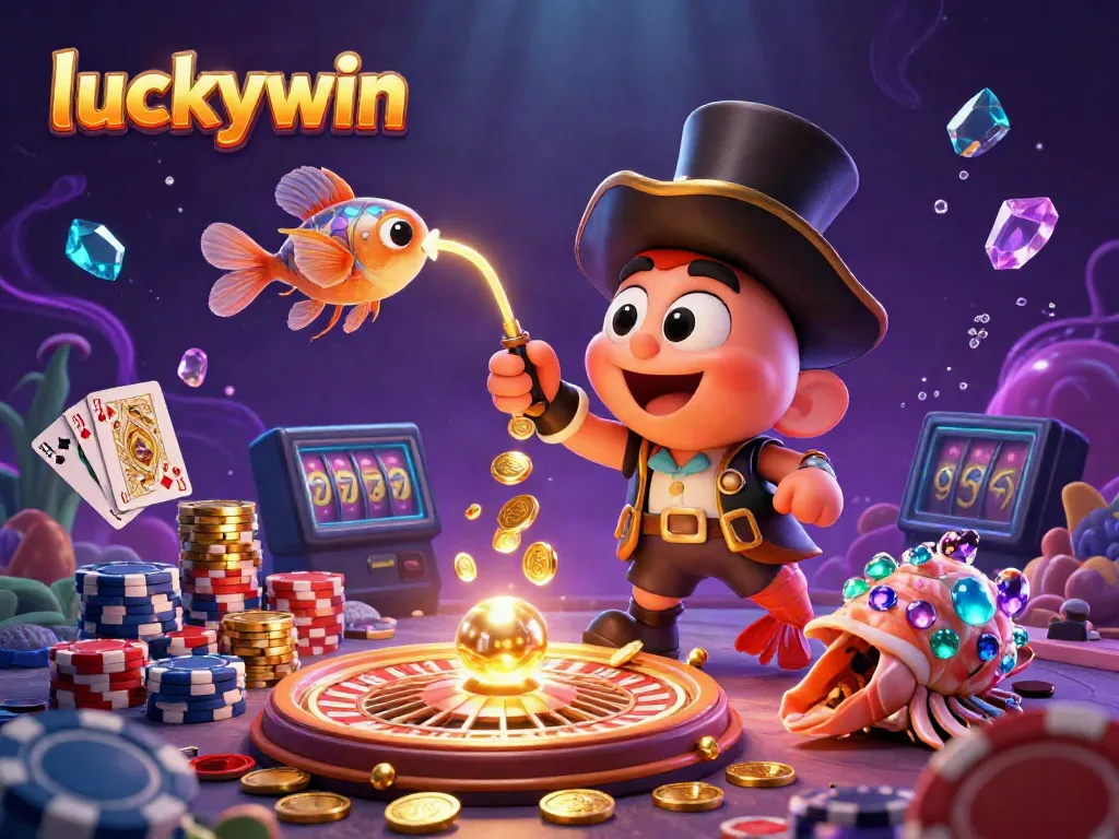 Experience the excitement of luckywin with gold coins cascading from a 3D cartoon deep-sea anglerfish, shrimp, and a gem-studded snail in an immersive casino scene.