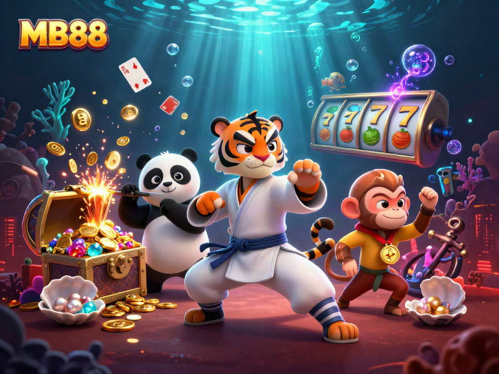 Experience the thrill of MB88 with a lively illustration showcasing slot machines, whimsical characters, and vibrant casino elements.