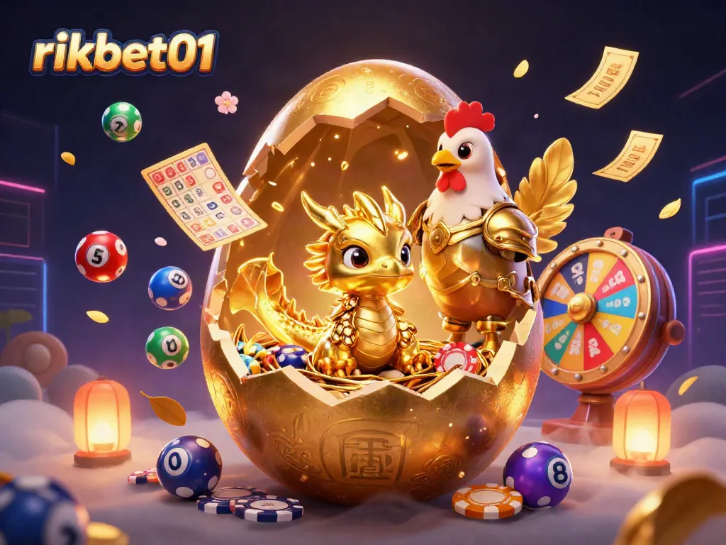 Experience the excitement of rikbet01 with golden dragon, poker chips, and vibrant lottery balls.