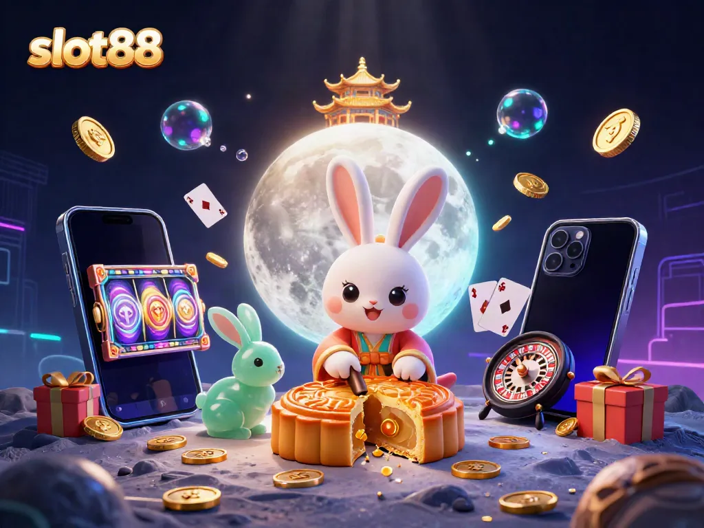 Permainan slot88 yang menarik dengan karakter kelinci bulan dan simbol kasino di luar angkasa.