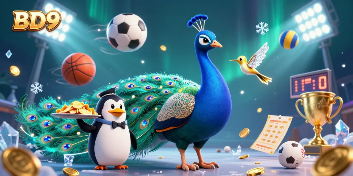 Bet big on BD9, featuring a vibrant casino scene with an aristocratic peacock and sports elements.