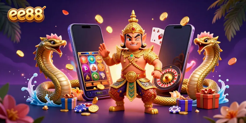 Engage in thrilling slot games with ee88, featuring vibrant characters and casino elements.
