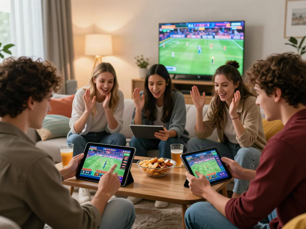Friends engaging with ALO8 online gaming platform in a lively living room setting.