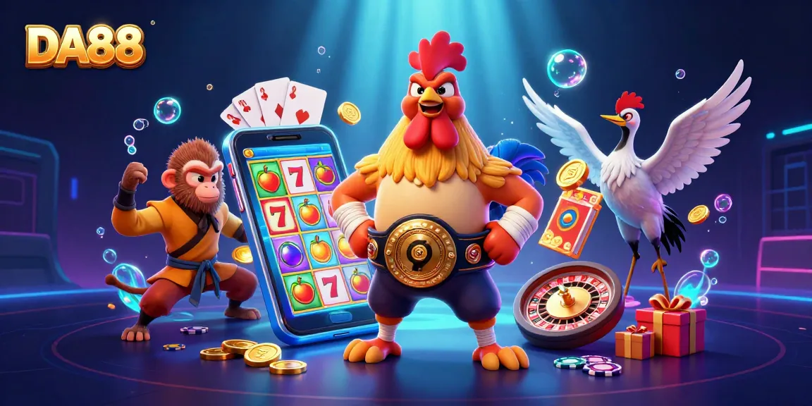 Experience thrilling action with DA88 as a Muay Thai rooster and a Shaolin monkey surround colorful slot games.