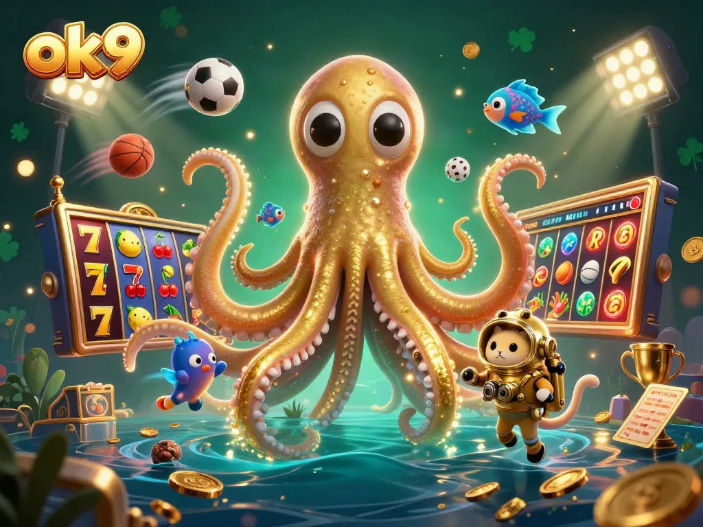 Spin slot reels while enjoying ok9's colossal kraken and diving cat in an epic gambling scene.