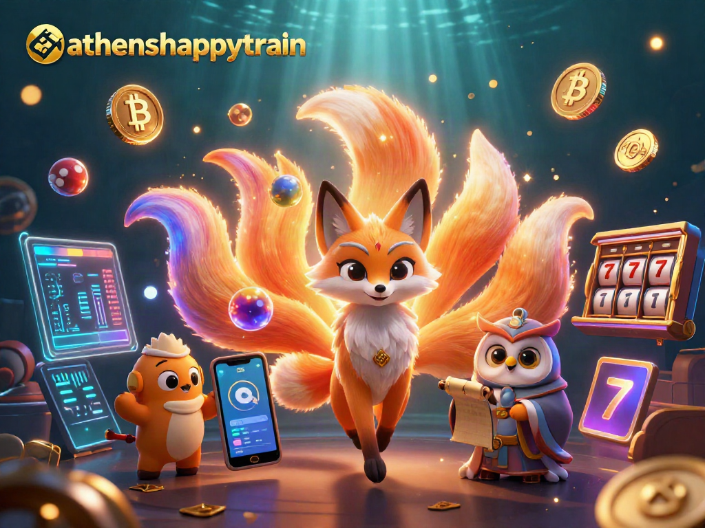 Engage with athenshappytrain in this vibrant scene featuring a nine-tailed fox and sage amidst slot elements.